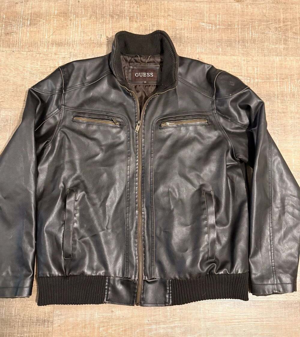 Guess Men's Black Faux Leather Bomber Jacket Size XL